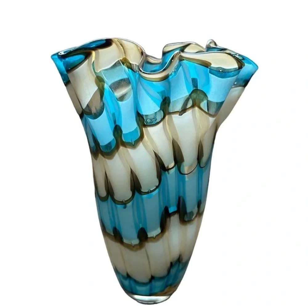 Vintage Handkerchief Blue and Brown Ruffled Top Vase Home Decor